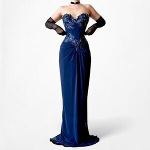 Vintage Navy Blue Lace Beaded Corset Bustier Maxi Prom Dress Size S/M